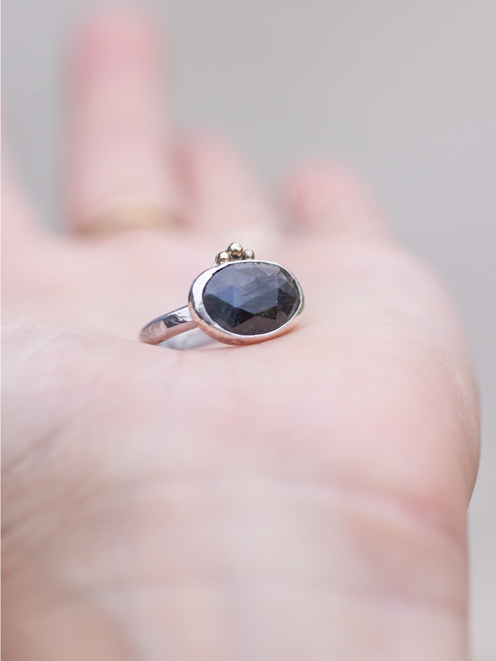 Handmade Black Sapphire Oval Ring by Sara Forrest Design Sterling and 14k